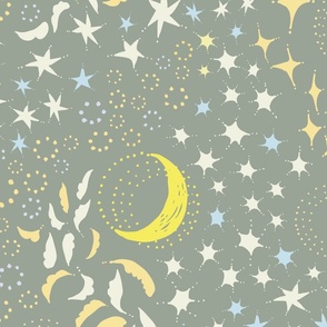 Moon Among the Stars - Large Scale - Celadon Green and Yellow and Blues - night sky constellations