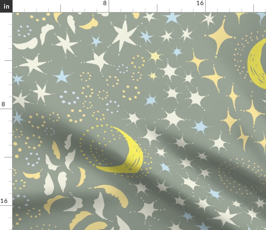 Moon Among the Stars - Large Scale - Celadon Green and Yellow and Blues - night sky constellations