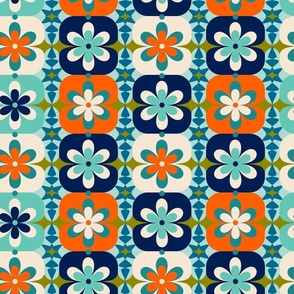 Medium // Groovy Blossoms: Retro 1970s Checkered Flowers - Orange & Blue