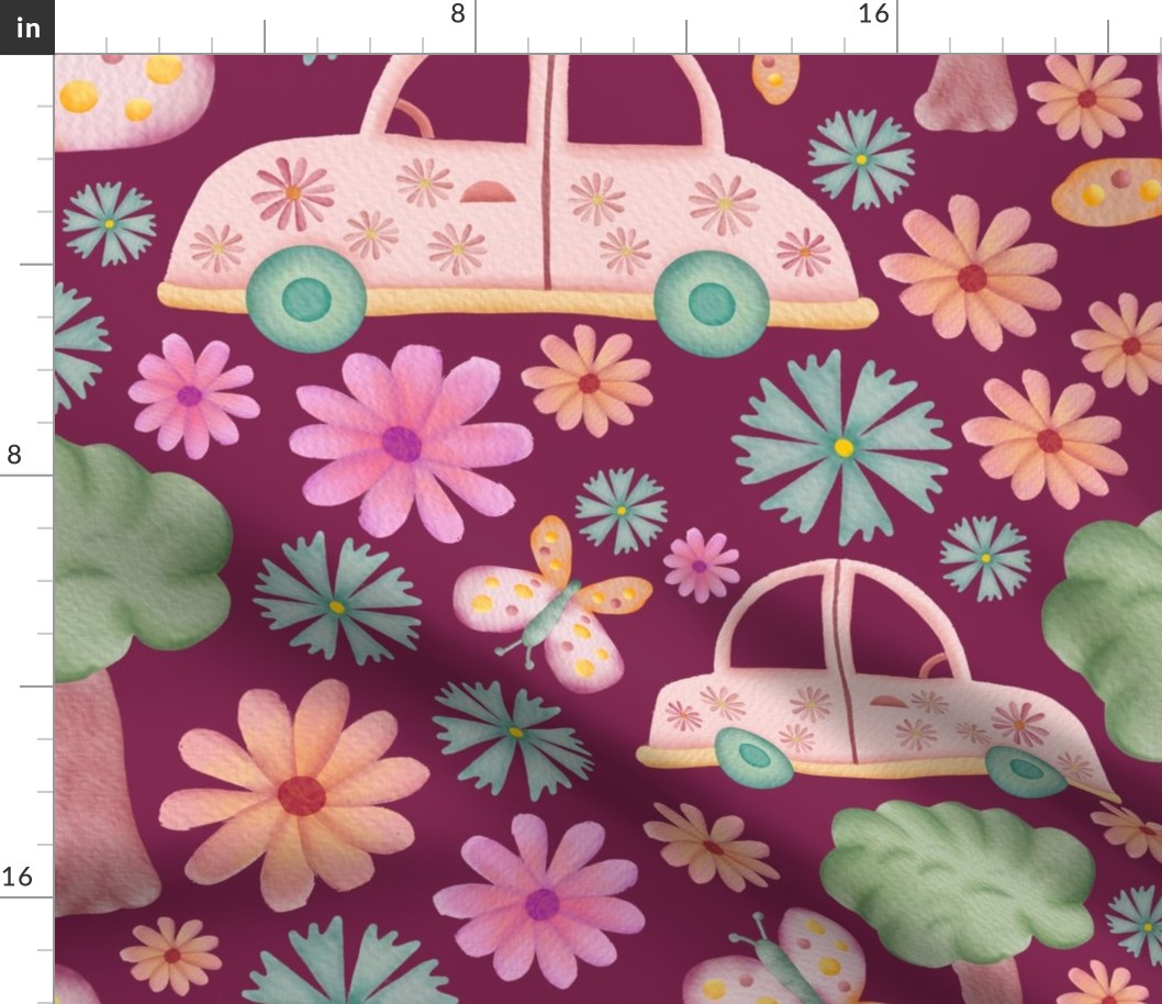 Cars, butterflies and flowers repeat pattern on pink - big scale