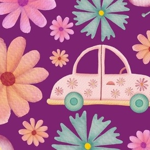 Cars, butterflies and flowers retro watercolor illustration on purple background - big scale