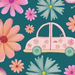 Cars, butterflies and flowers retro watercolor illustration on turquoise background - big scale