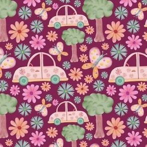 Cars, butterflies and flowers repeat pattern on pink - small scale