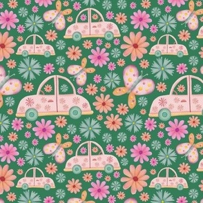 Cars, butterflies and flowers retro watercolor illustration on green background - small scale