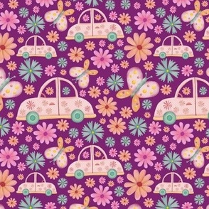 Cars, butterflies and flowers retro watercolor illustration on purple background - small scale