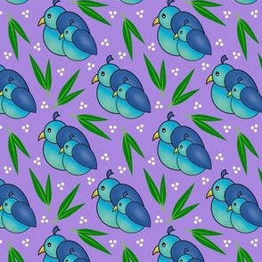 Cute Blue Birds on a Purple Background with Willow Leaves