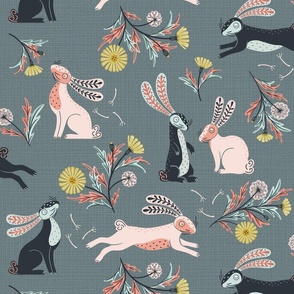 (L) rabbits / bunnies with dandelion for easter on slate grey  folk art
