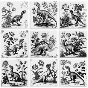 Dinosaur Delft Tiles - V1 - Black and White