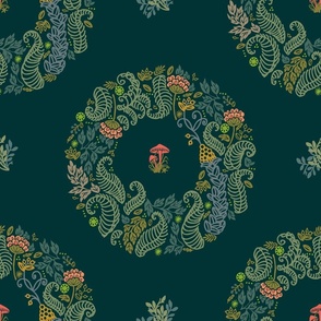 Floral scandi wreath_green moss_ferns, mushrooms and mosses, botanical woodland for bedding and wallpaper.
