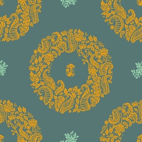 Floral scandi wreath_marigold/green pine_yellow/green botanical bedding/wallpaper.