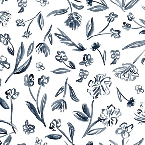 Large Blue Dancing Floral on White 