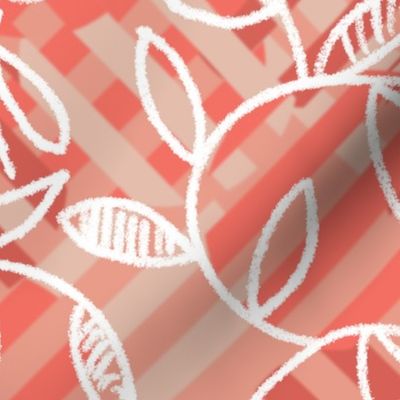 Abstract pattern in shades of red with white leaves - medium scale