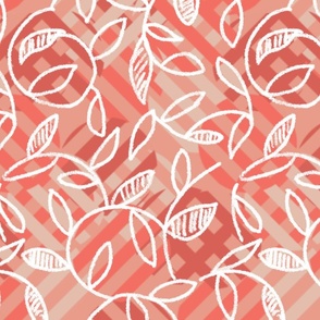 Abstract pattern in shades of red with white leaves - medium scale