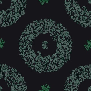 Floral scandi wreath_green pine on graphite_dark and moody wallpaper/bedding.