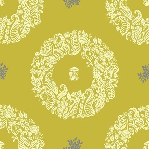 Folk scandi wreath_yellow citrine_luxury maximalist boho floral and botanical decor_large print.