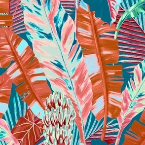 Tropical Leaves in red and blue