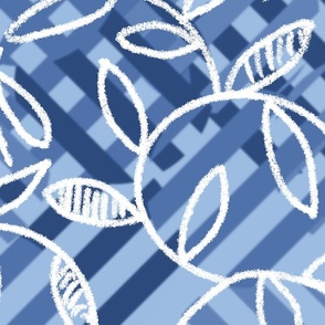 Abstract pattern in shades of blue with white leaves - large scale