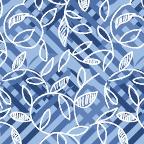 Abstract pattern in shades of blue with white leaves - medium scale