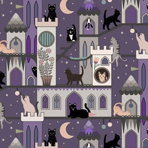 Realm of the cats, night - cat castle, climbing tree, moon and flowers - lilac purple haze - extra large
