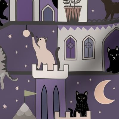 Realm of the cats, night - cat castle, climbing tree, moon and flowers - lilac purple haze - large