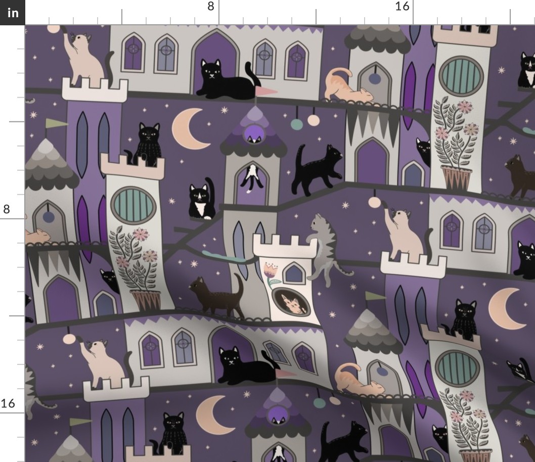 Realm of the cats, night - cat castle, climbing tree, moon and flowers - lilac purple haze - large