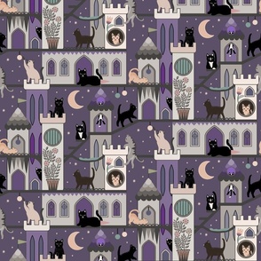 Realm of the cats, night - cat castle, climbing tree, moon and flowers - lilac purple haze - medium