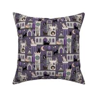 Realm of the cats, night - cat castle, climbing tree, moon and flowers - lilac purple haze - small