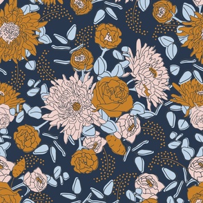 Larger scale boho vintage floral bouquet - mustard yellow & pink on navy blue
