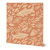 Wild Harvest / Large Scale / 230102 - Autumn colours of salmon pink and neutral tan beige withMoths, Willow Leaves, Clover, Pinecones, Acorns 