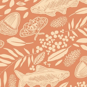 Wild Harvest / Large Scale / 230102 - Autumn colours of salmon pink and neutral tan beige withMoths, Willow Leaves, Clover, Pinecones, Acorns 