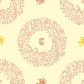 Floral scandi wreath_pink on vanilla_fern, mushroom and moss, trendy for bedding and wallpaper.