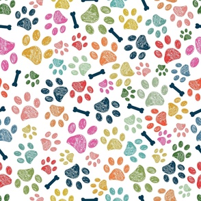 Colorful doodle paw prints seamless pattern for textile design