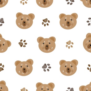 Brown doodle paw print and teddy bear pattern. Seamless pattern for textile design