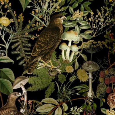 Antique Nostalgic Hand Painted Animals Falcon Birds fairytale in the magic psychedelic mushroom and berries woodland forest  black wallpaper