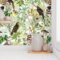 Antique Nostalgic Hand Painted Animals Falcon Birds fairytale in the magic mushroom and berries woodland forest  off white
