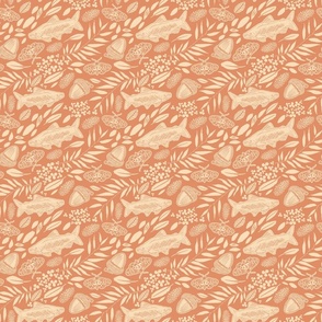 Wild Harvest / Small Scale / 230102 - Goose feathers, Salmon, Moths, Willow Leaves, Clover, Pinecones, Acorns in autumn colours of Neutral Beige Tan and Salmon Pink Orange