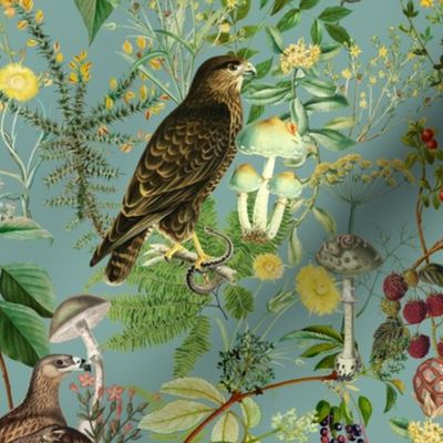 Antique Nostalgic Hand Painted Animals Falcon Birds fairytale in the magic mushroom and berries woodland forest  teal turquoise