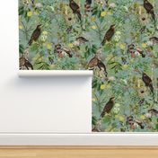 Antique Nostalgic Hand Painted Animals Falcon Birds fairytale in the magic mushroom and berries woodland forest  teal turquoise double layer