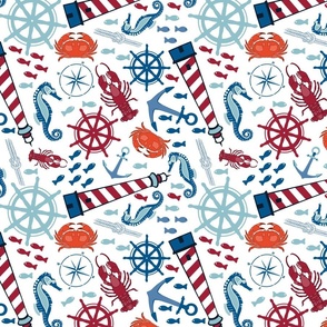 Nautical Delight  - Tossed Pattern (Seahorses, lighthouses, lobsters, crabs and fish)