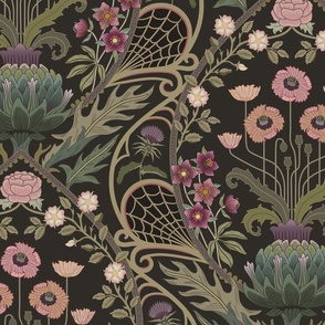 Art Nouveau Poppies - dark and moody damask with hellebore, roses, artichoke flower and milk thistle - olive green, pink and gold - extra large