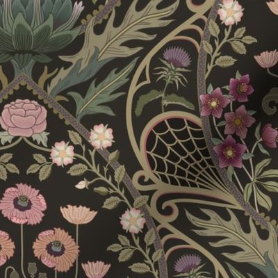 Art Nouveau Poppies - dark and moody damask with hellebore, roses, artichoke flower and milk thistle - olive green, pink and gold - medium