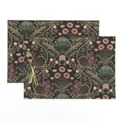 Art Nouveau Poppies - dark and moody damask with hellebore, roses, artichoke flower and milk thistle - olive green, pink and gold - medium