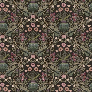 Art Nouveau Poppies - dark and moody damask with hellebore, roses, artichoke flower and milk thistle - olive green, pink and gold - small