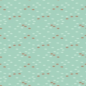 Fall Salmon Run Small - Swimming Salmon in Aqua, Light Blue, and Rust Orange Blender Print (6 inch wide repeat)