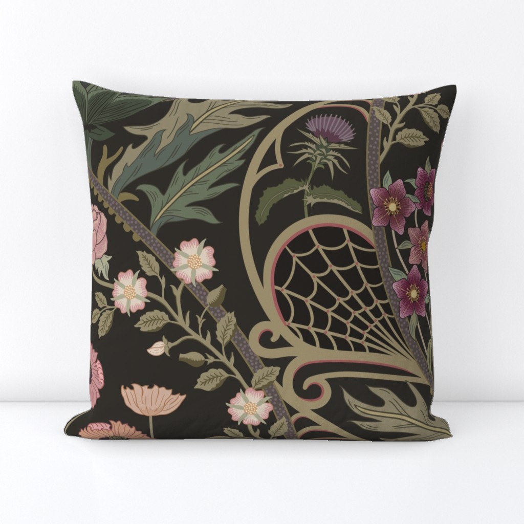 Art Nouveau Poppies - dark and moody damask with hellebore, roses, artichoke flower and milk thistle - olive green, pink and gold - jumbo