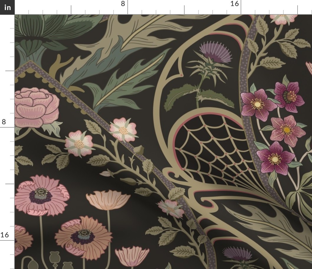 Art Nouveau Poppies - dark and moody damask with hellebore, roses, artichoke flower and milk thistle - olive green, pink and gold - jumbo