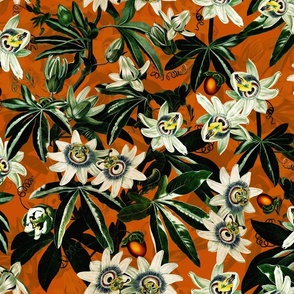vintage tropical passionflowers reconstructed by robert john thorton, antiqued green leaves and nostalgic beautiful tropical jungle blossoms rust double layer 