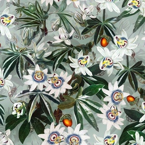 vintage tropical passionflowers reconstructed by robert john thorton, antiqued green leaves and nostalgic beautiful tropical jungle blossoms silver teal double layer