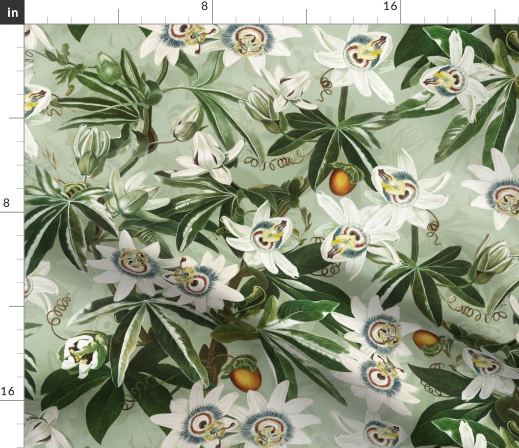vintage tropical passionflowers reconstructed by robert john thorton, antiqued green leaves and nostalgic beautiful tropical jungle blossoms green double layer