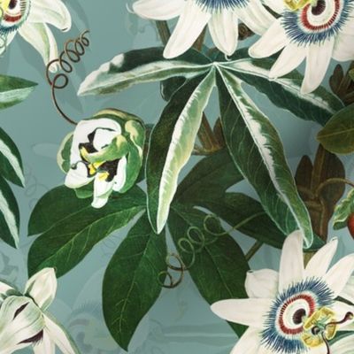 vintage tropical passionflowers reconstructed by robert john thorton, antiqued green leaves and nostalgic beautiful tropical jungle blossoms teal double layer
